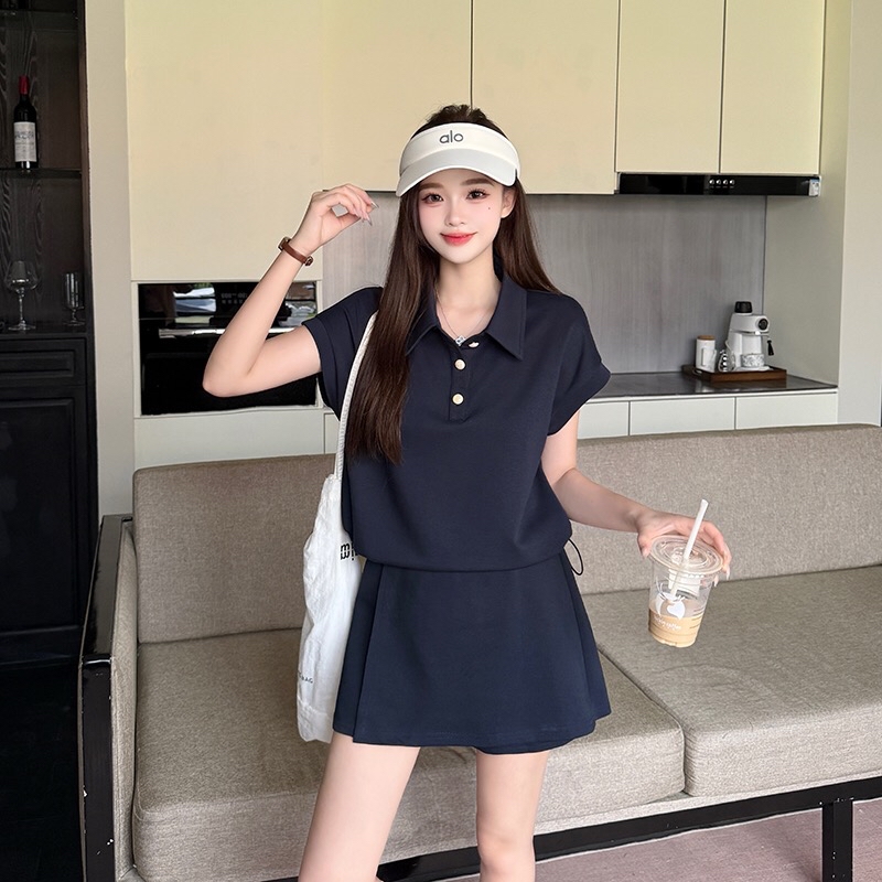 B12(317) 韩系时尚甜美减龄POLO领上衣与前裙后裤蓝黄套装