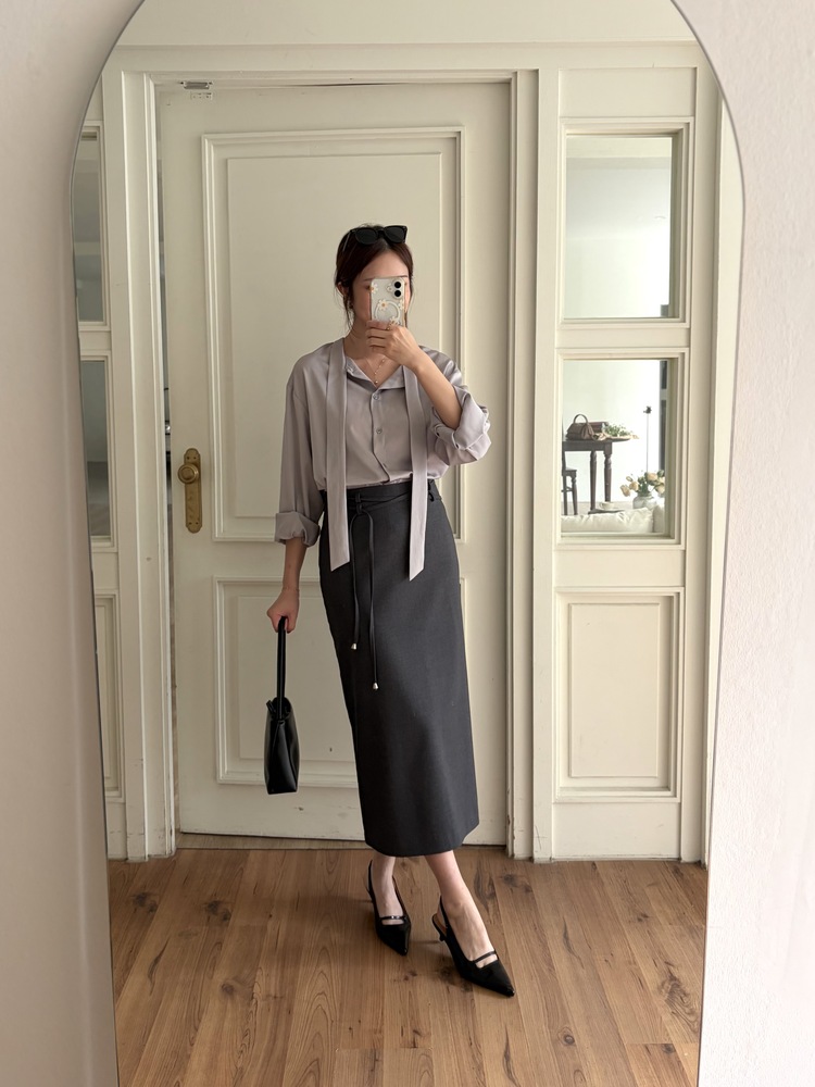 Two-way Tie Detail Blouse (Grey)