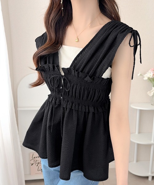 袖緞帶褶襉背心【JT039】