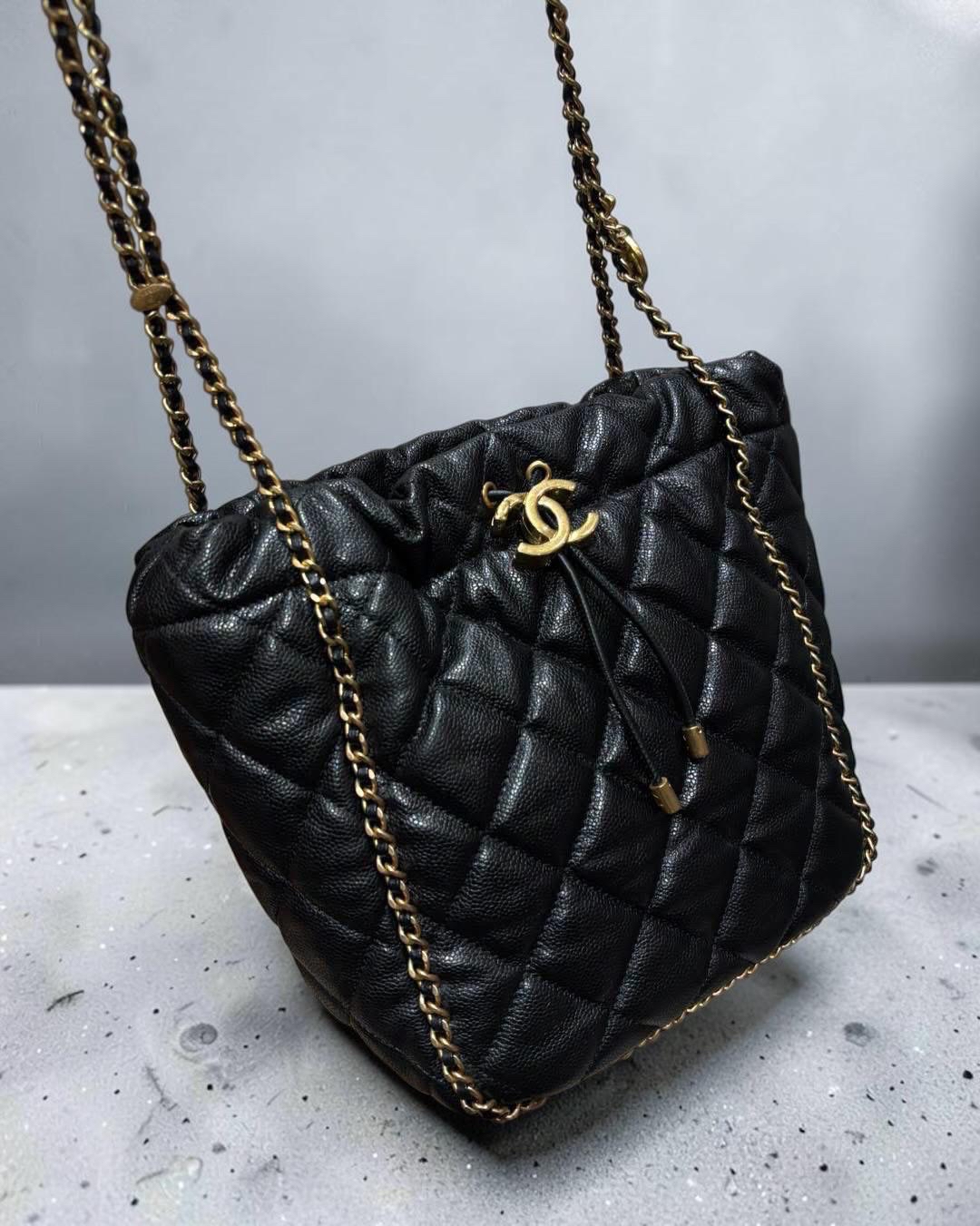 Chanel drawstring bag AS3469 黑色魚子醬牛皮金扣 bucket bag  100%Authentic,98%new  ✅晶片✅dust bag✅box