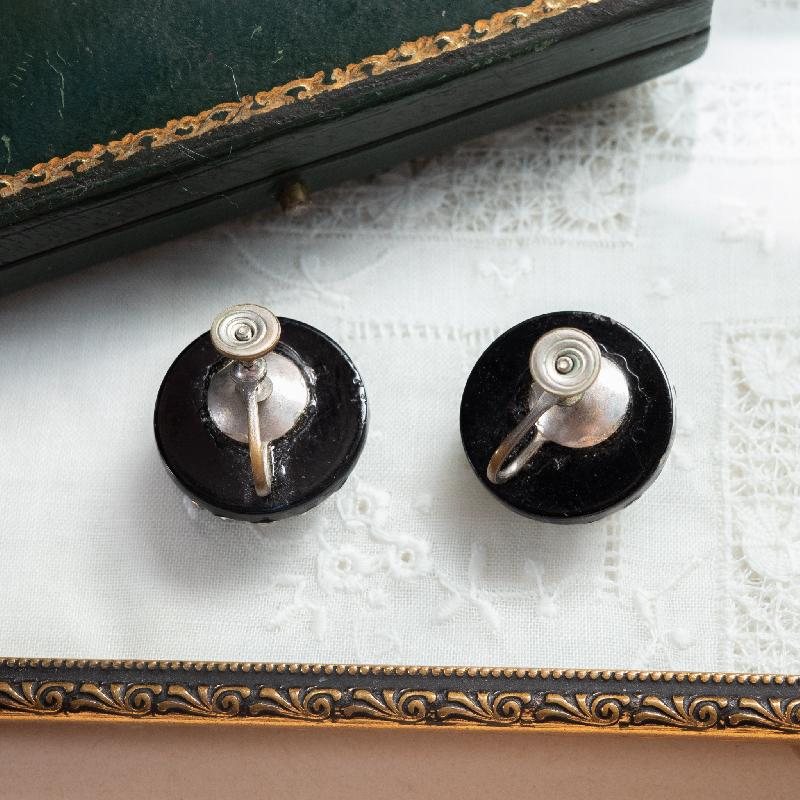 C.a. 1960s-80s Floral SunRay Sparkling Black Screw-back Earrings (MW155)