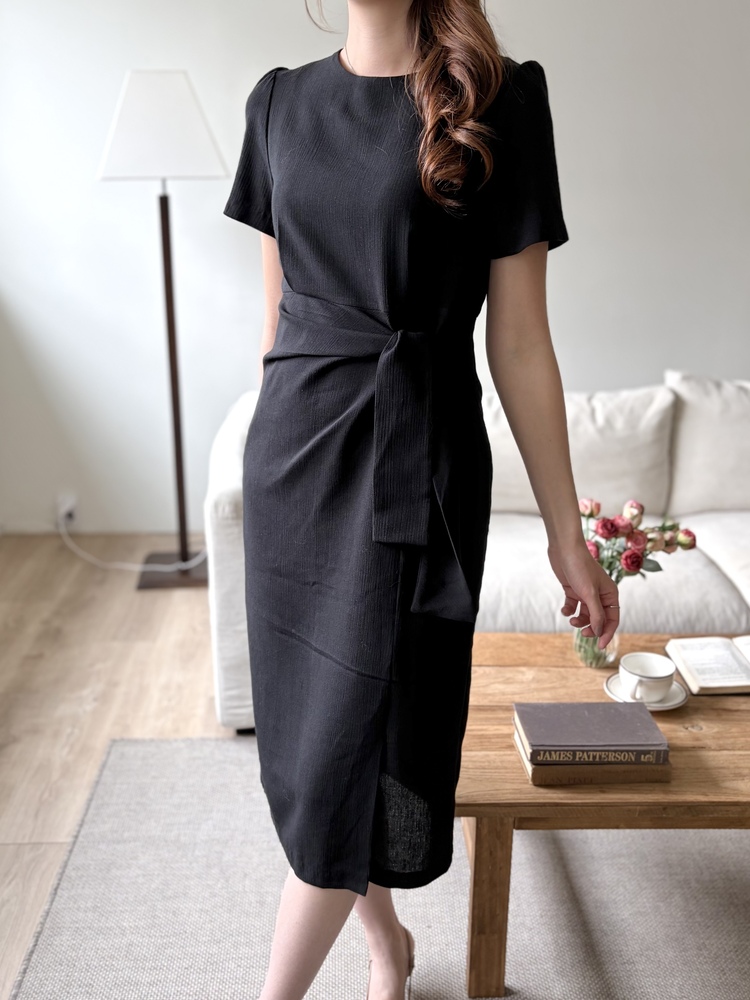 Elise Draped Slit Dress (Black)