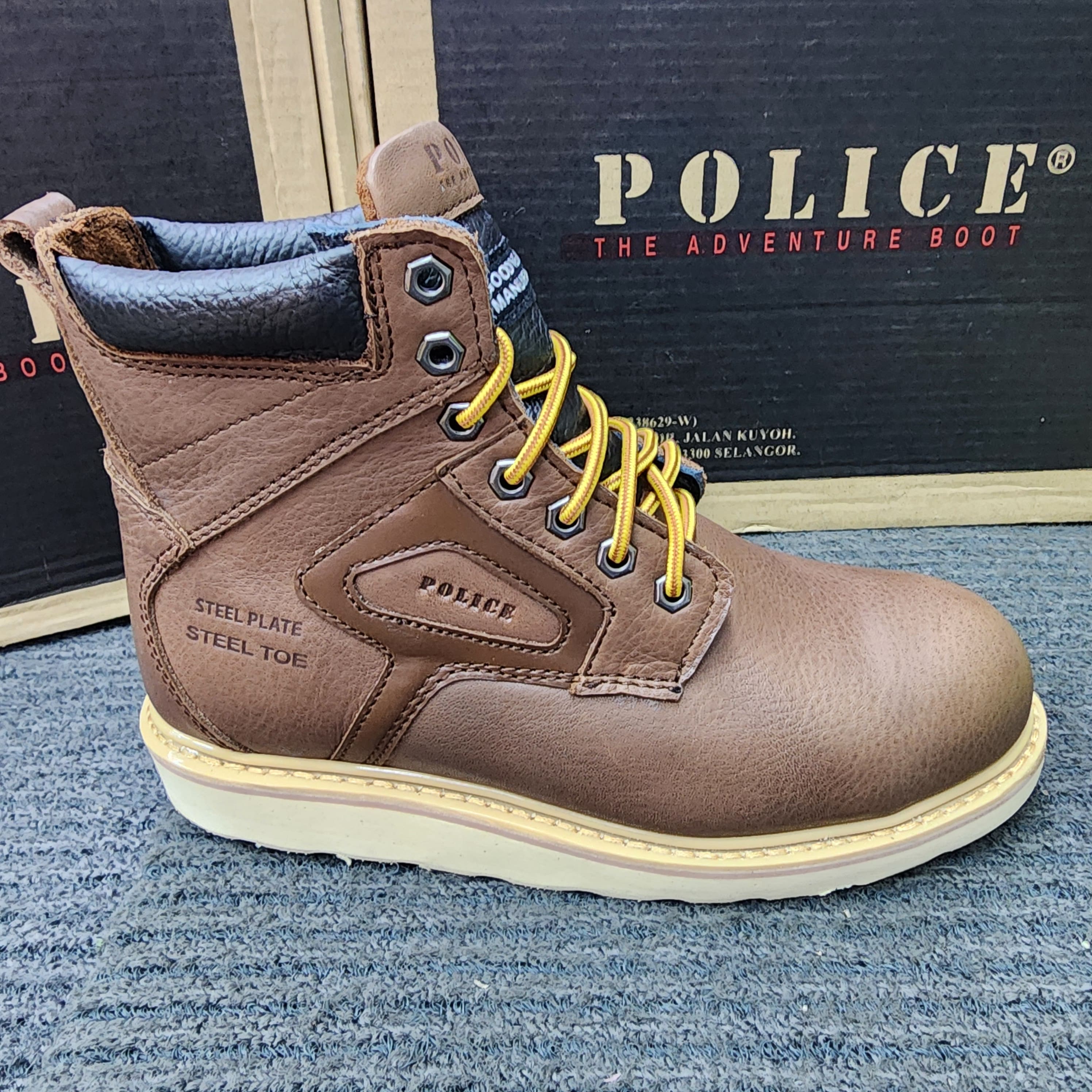 POLICE SAFETY 93672 Camel Brown Mid cut Lace Goodyear Welt Safety Shoes leather Kasut Keselamatan