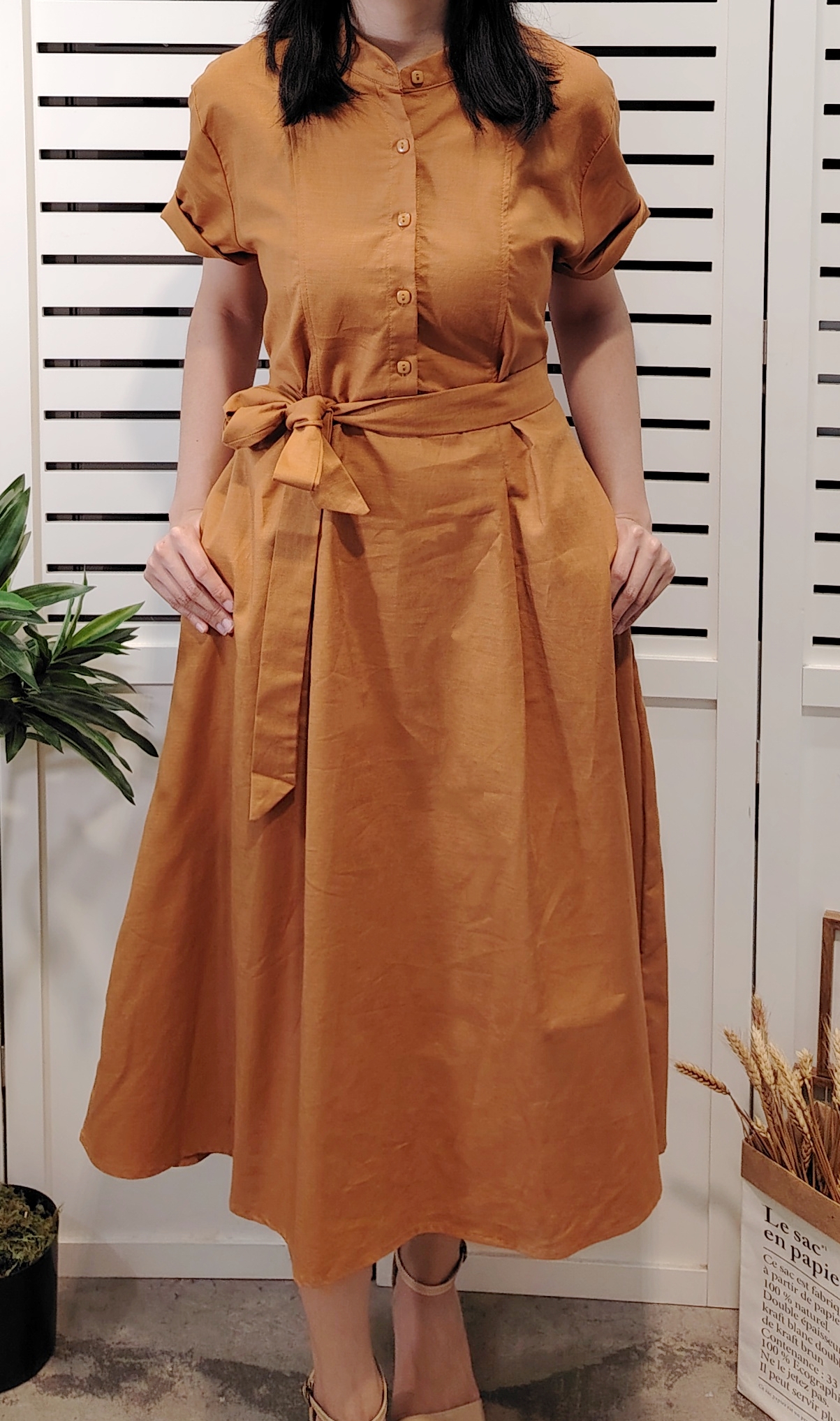 H5423 Cotton Linen Dress Half Button 