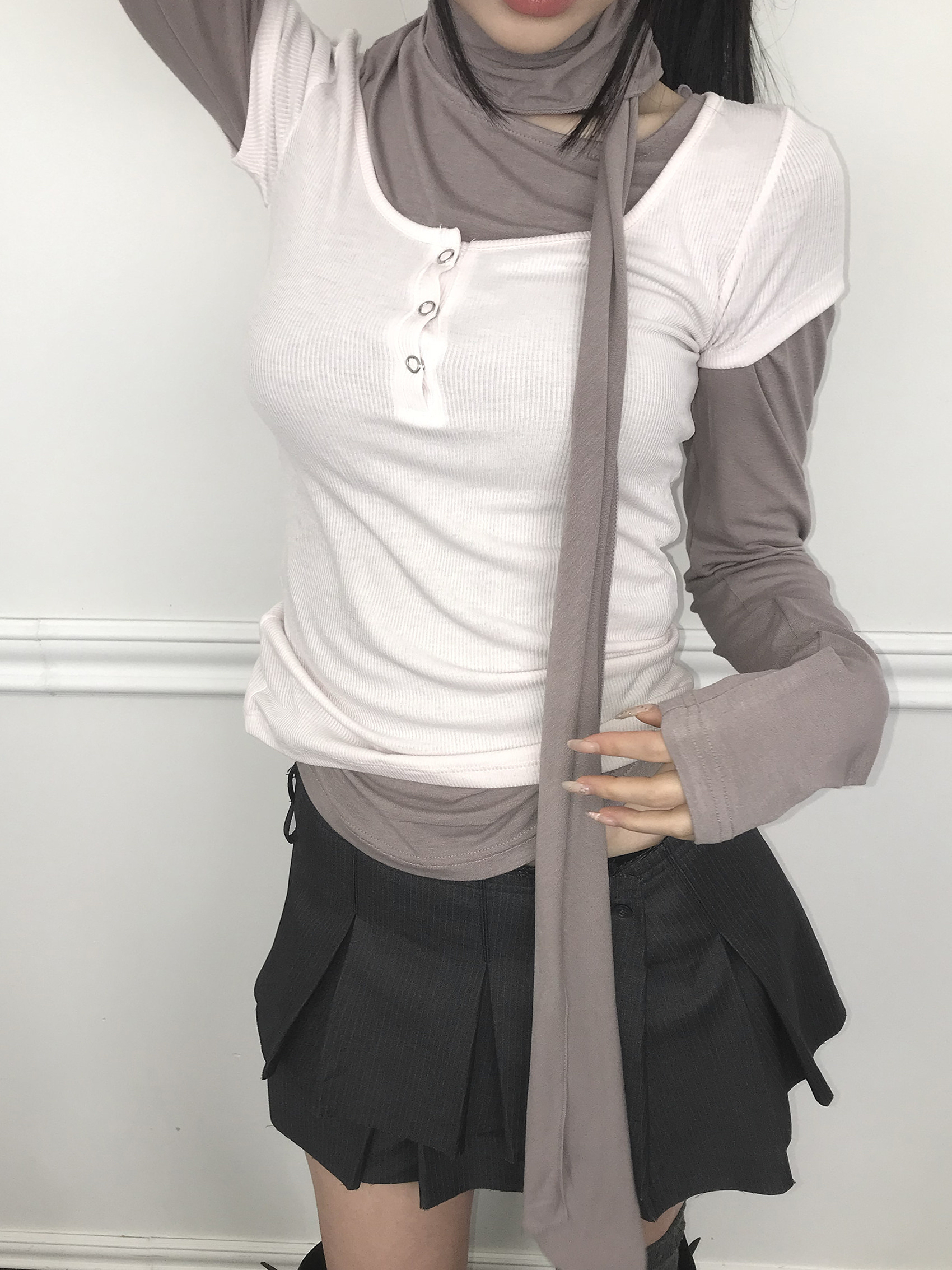 Ruched Button Long Sleeve with Scarf Tie