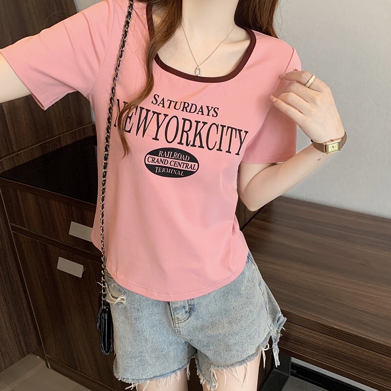 A59(33858) 韩版时尚撞色U领NEWYORK CITY 5色上衣