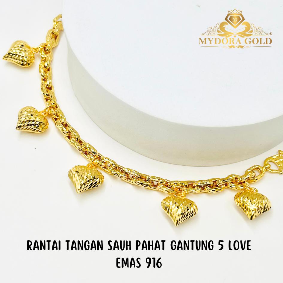 MYDORA Rantai Tangan Sauh Pahat Gantung 5 Love | EMAS 916/22K
