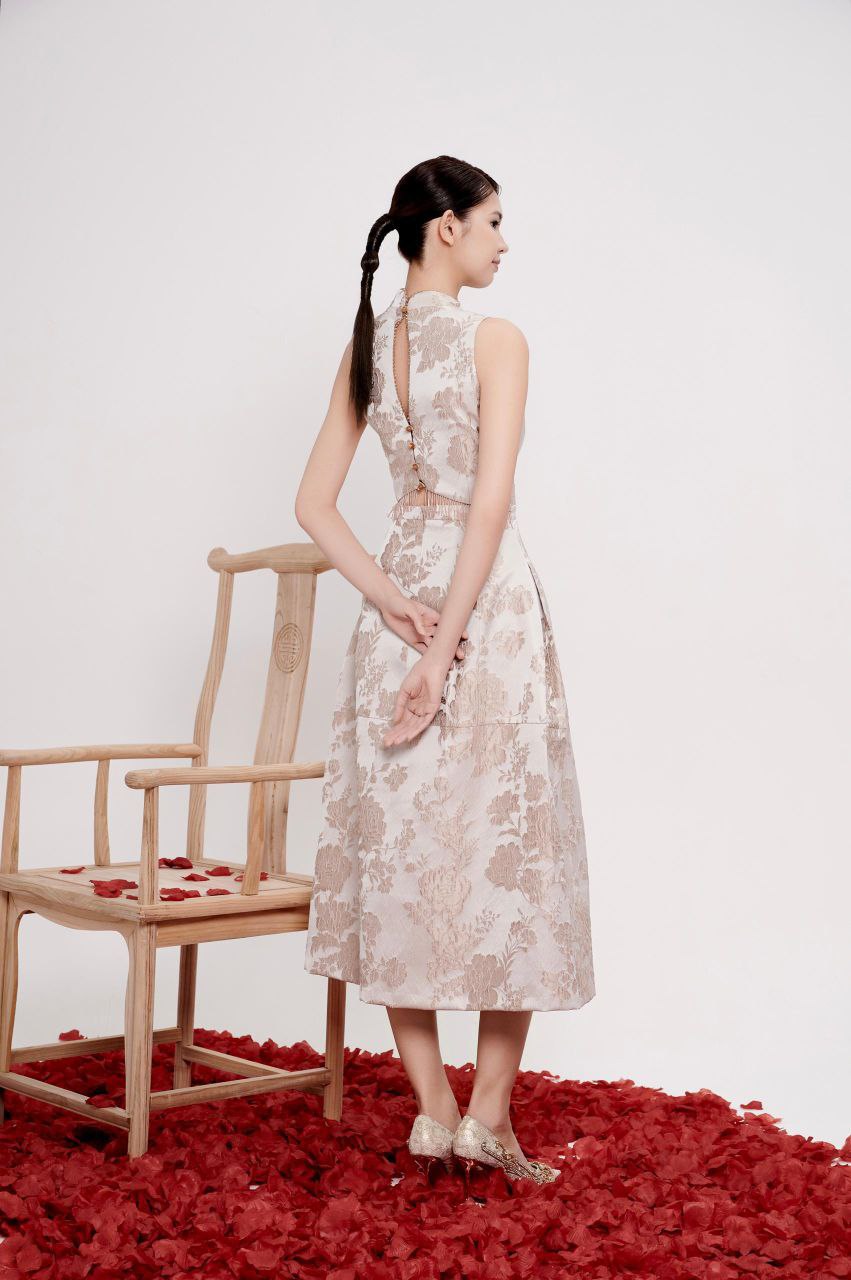 串珠露腰旗袍连身裙 2135 粉色/米色