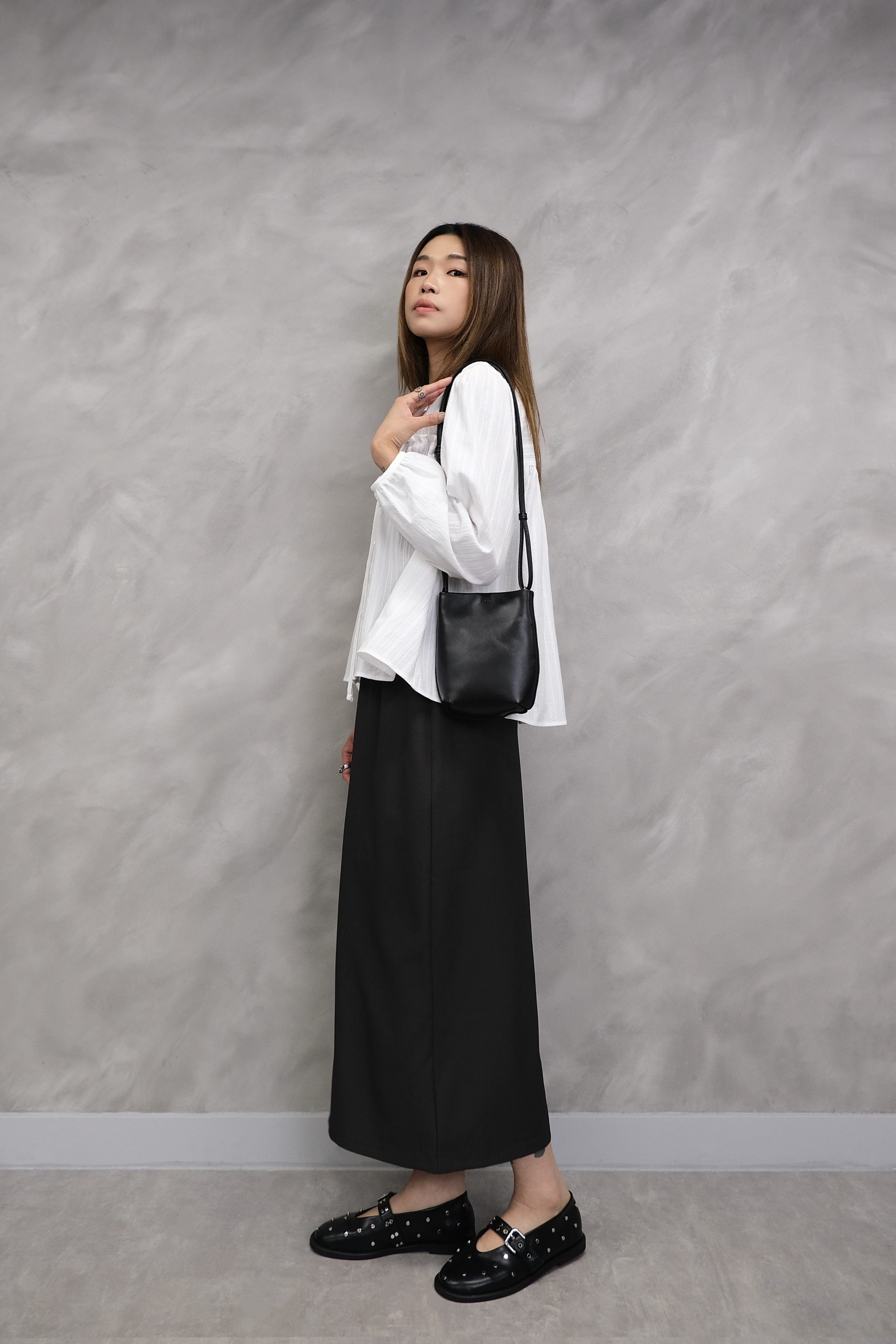 Metal Stud High-Waist Midi Skirt #sk51