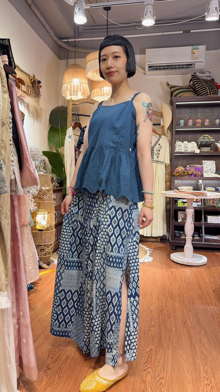 2953 Blue Block Print Patch Work Skirt