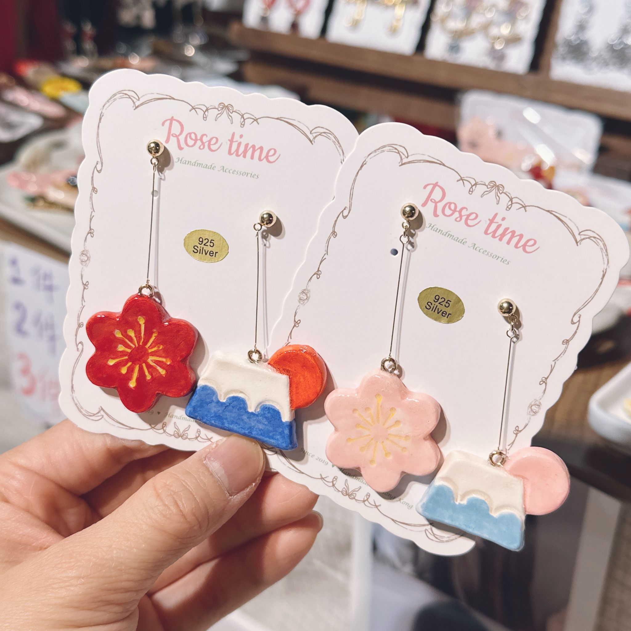 手繪 和風大花花富士山耳環 大紅/粉紅色