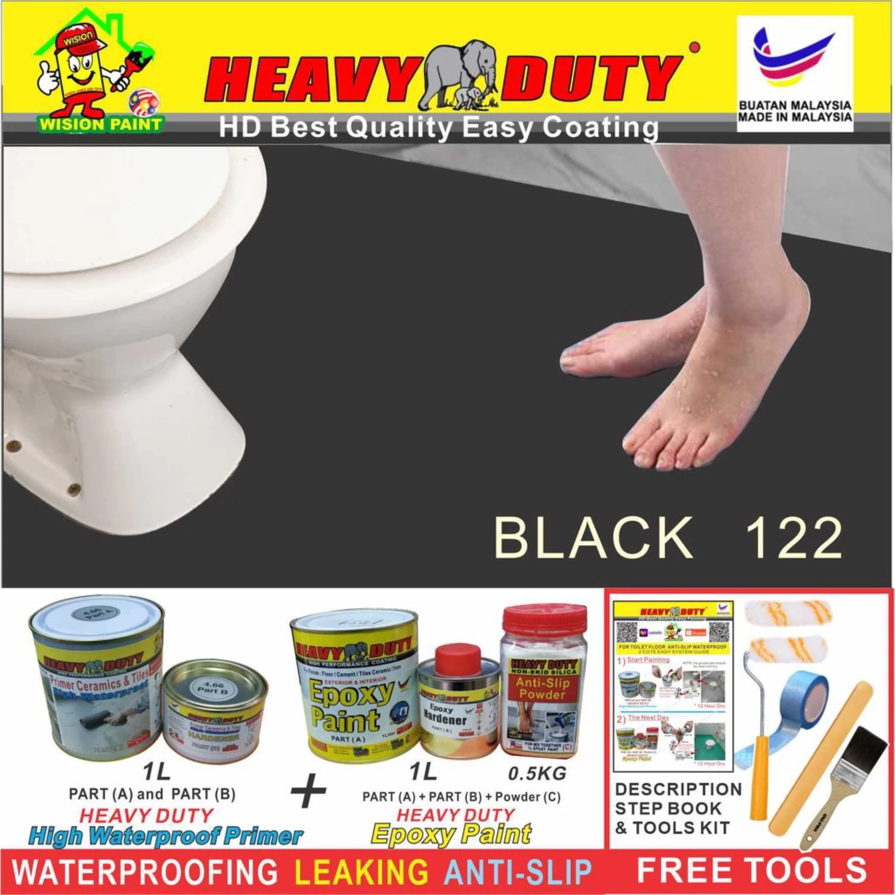 FULL SET (HEAVY DUTY BRAND) Floor Coating (Free Paint Tool Set) 1L Tile Primer + 1L Epoxy Colour + 0.5kg Non-skid Silic