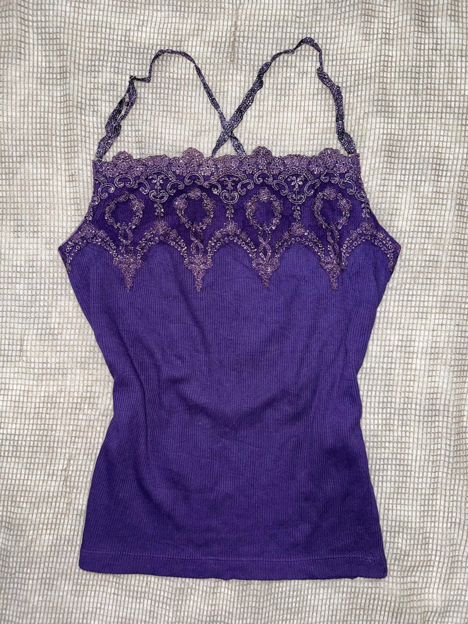 Purple Metallic Knit Cami with Embroidered Lace