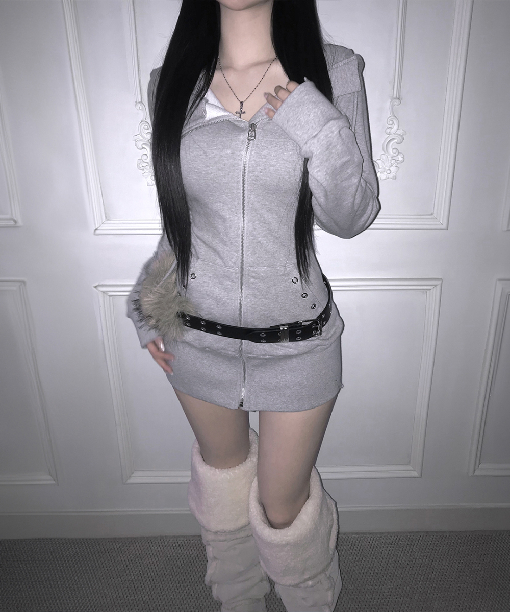 Zip-Up Hooded Eyelet Mini Dress