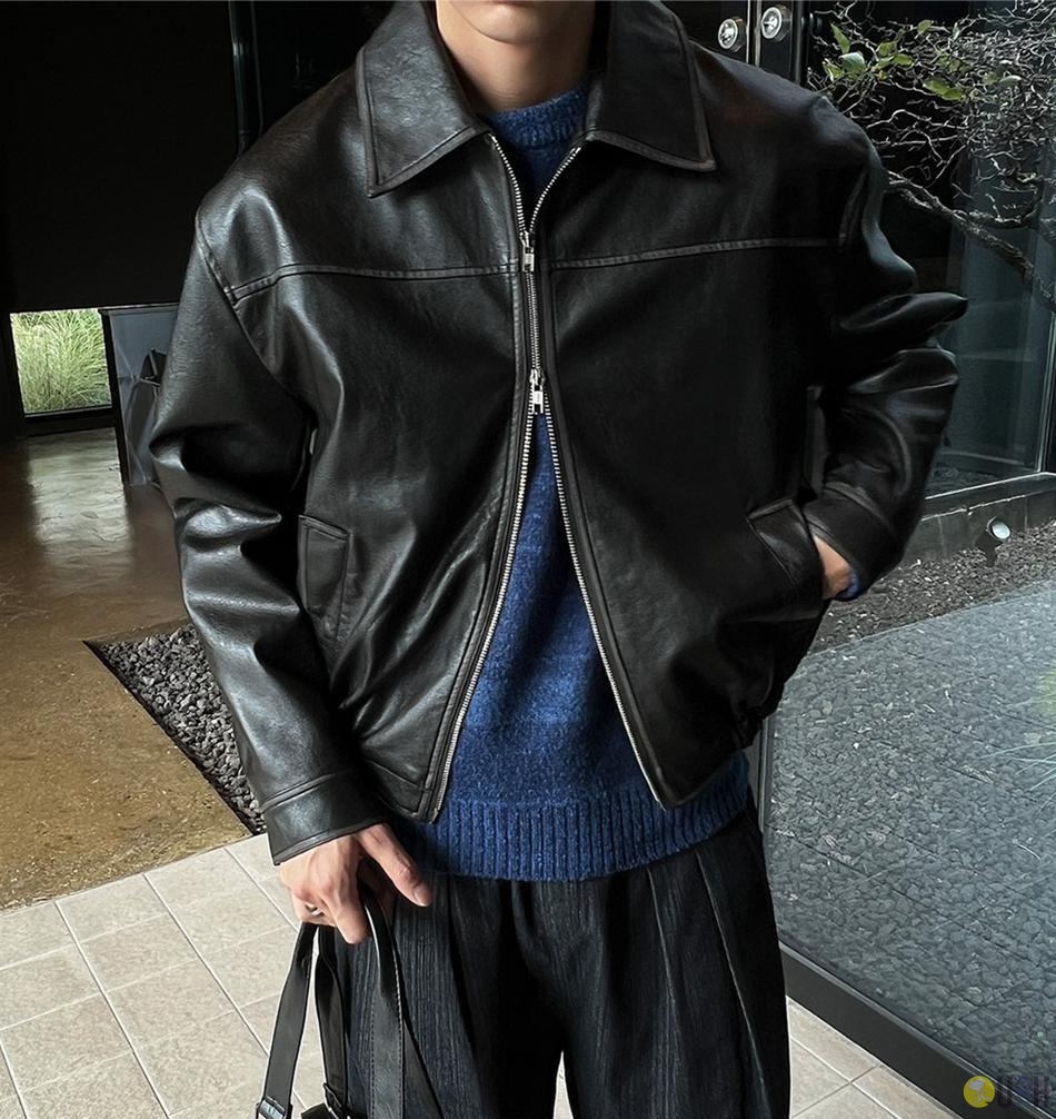 【100%保證韓國直送】復古裂紋質感雙向拉鍊皮夾克 [2 color] RG165753