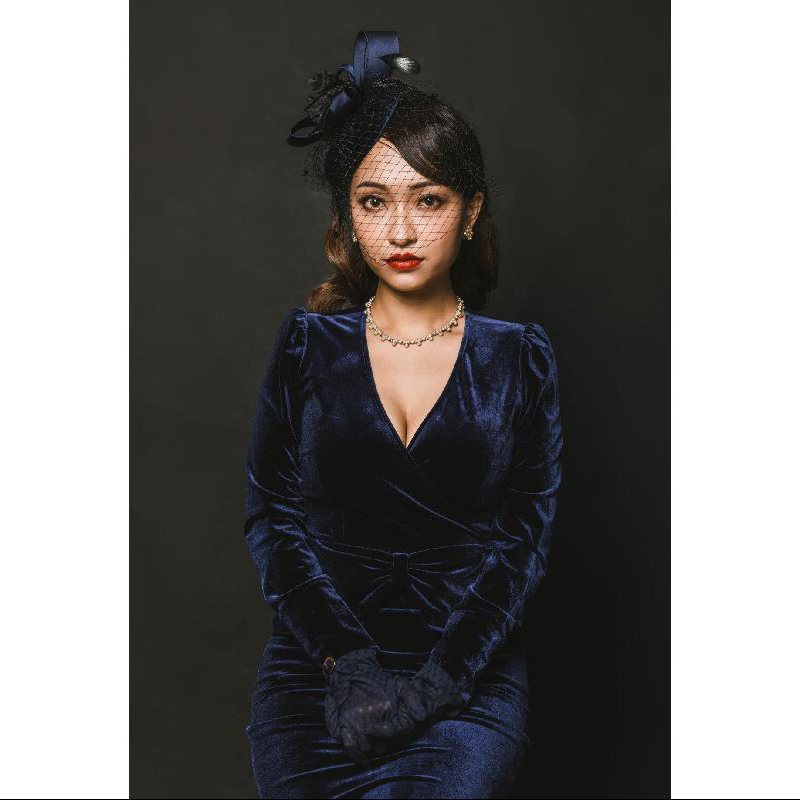 (SOLD OUT)Hollywood Era Ribbon Waist Cocktail Velvet Dress-Blue(FM128)