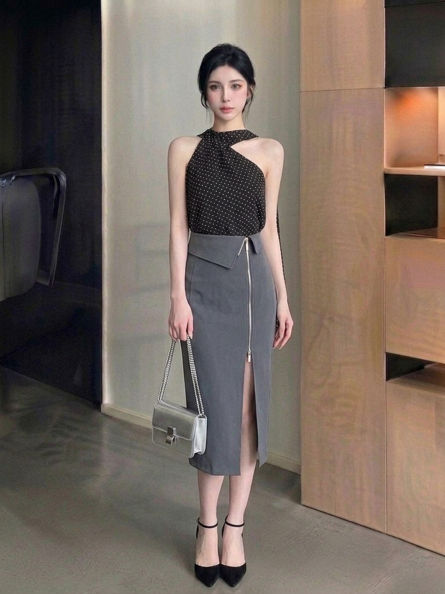 Front Zipper Midi Skirt M239