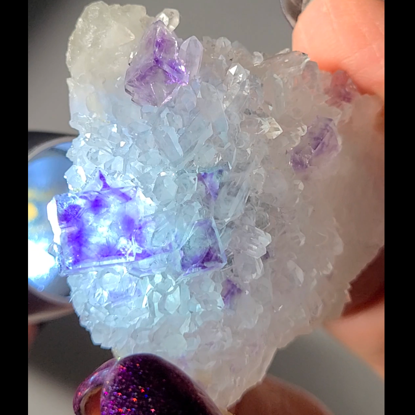 Blue and purple cubic fluorite on baby quartz - FL142