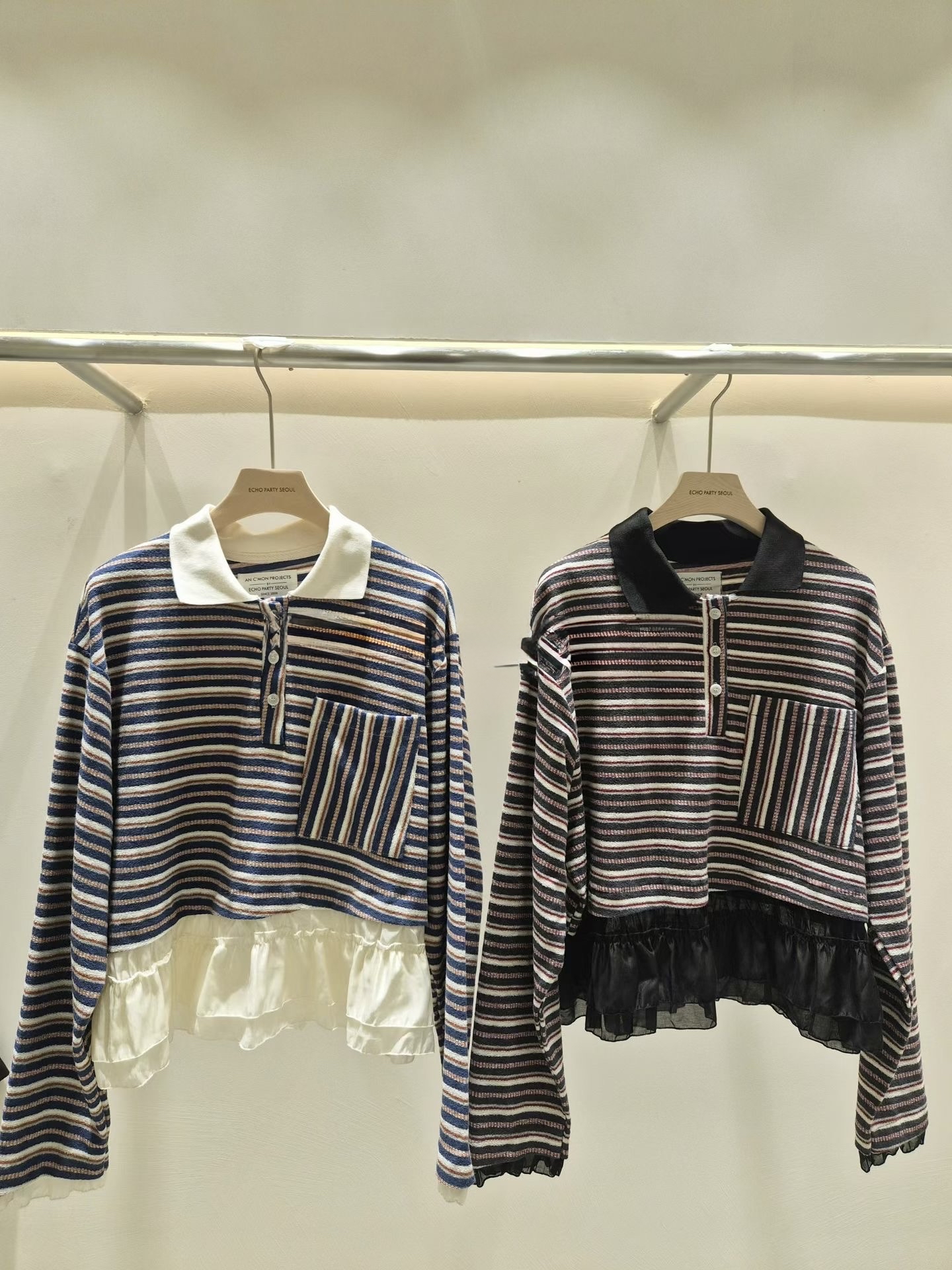 EC16 學院風間條拼ruffle Polo 上衣