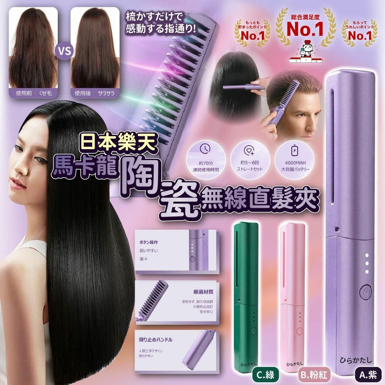 (現貨) #4840 🇯🇵日本ひらかたし樂天馬卡龍陶瓷無線直髮夾💕