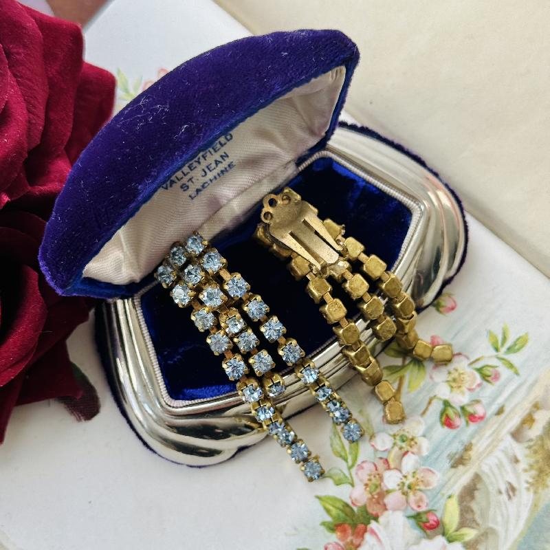 Vintage C.a. 1950-70s American Powder Blue Sparkling Crystal Waterfall Tassel Long Clip Earrings / Cocktail Earrings (MT1795)