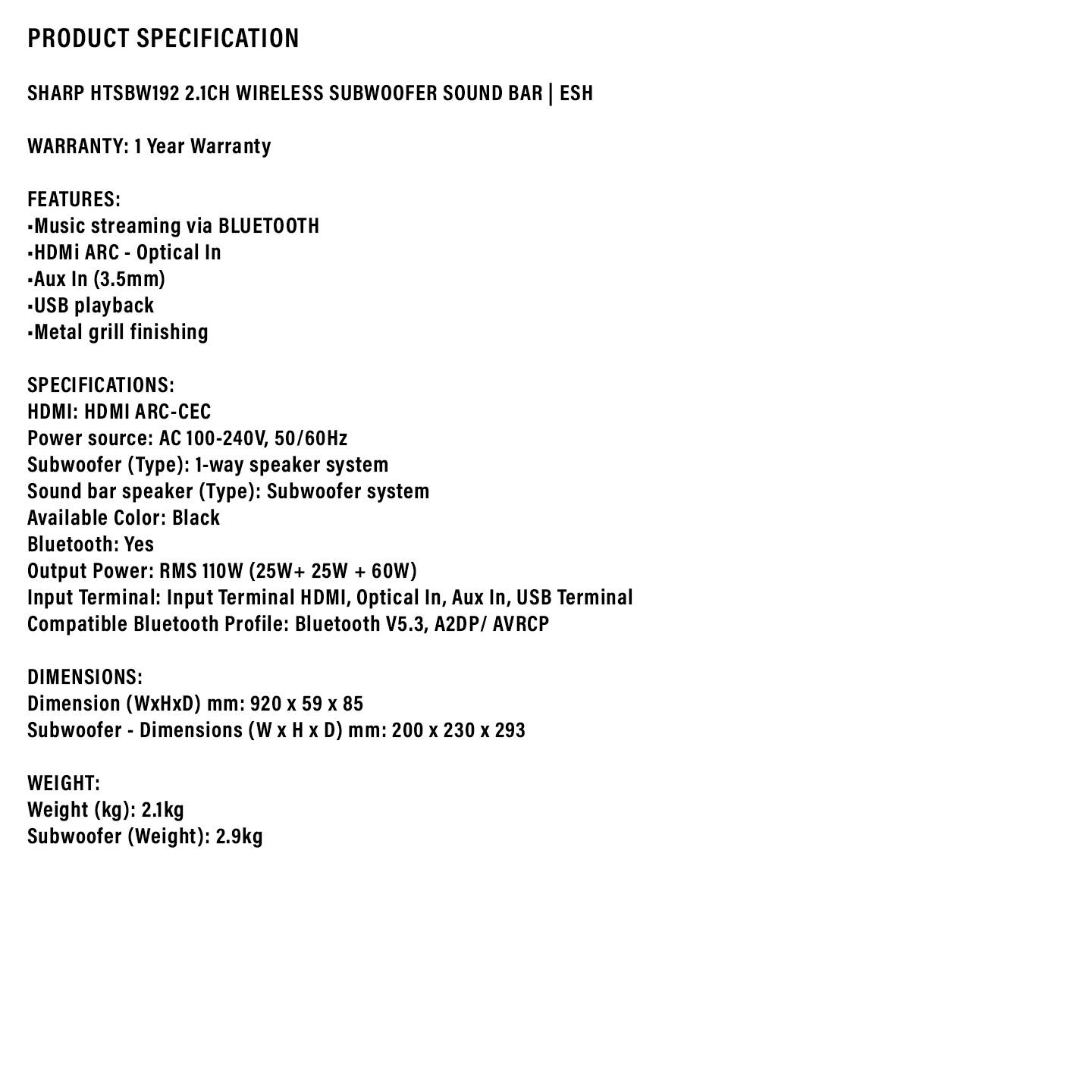 Sharp 110W 2.1ch Wireless Subwoofer Soundbar (HTSBW192)