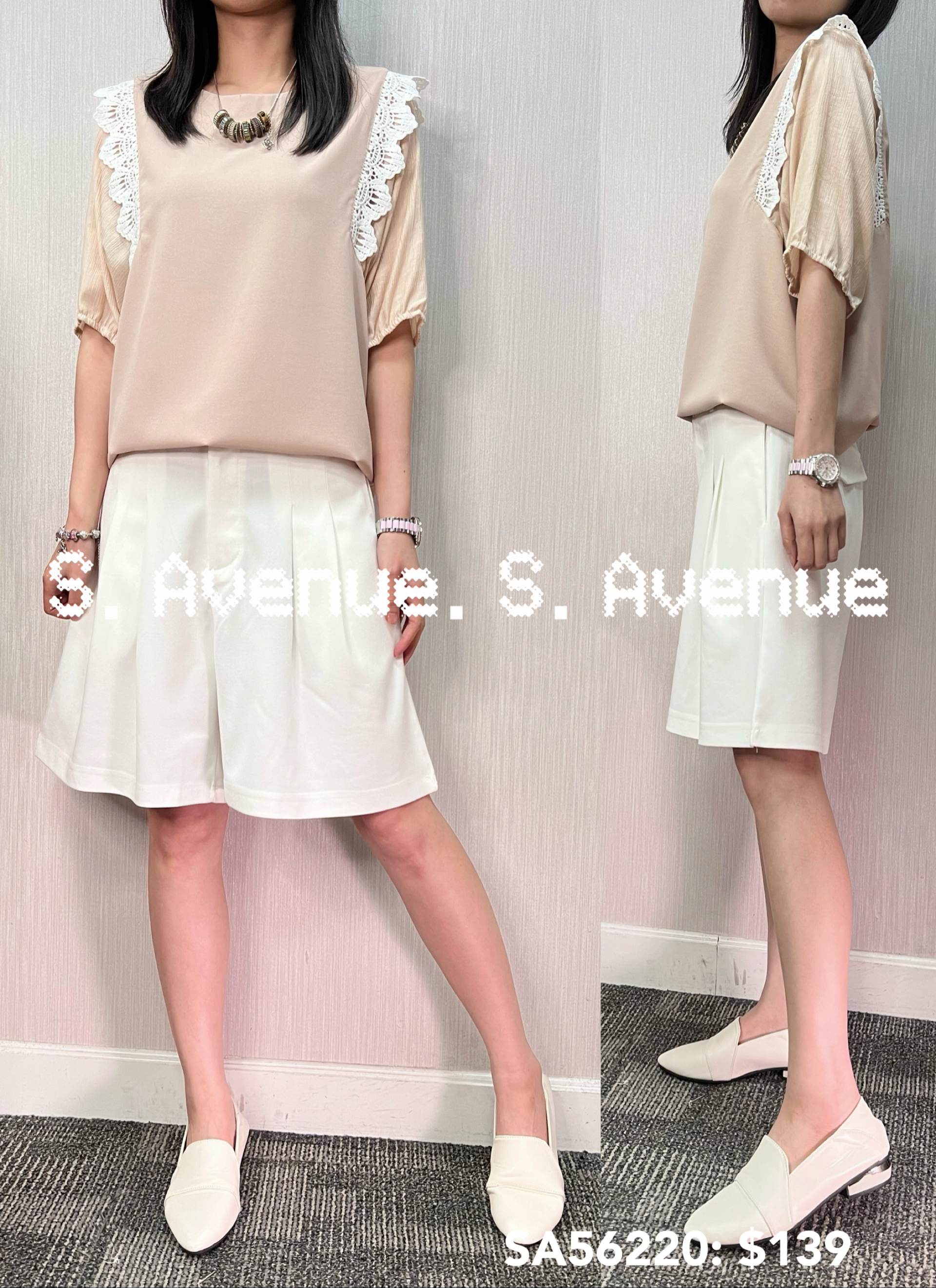 SA56220: 小蝙蝠領側lace邊雪紡top