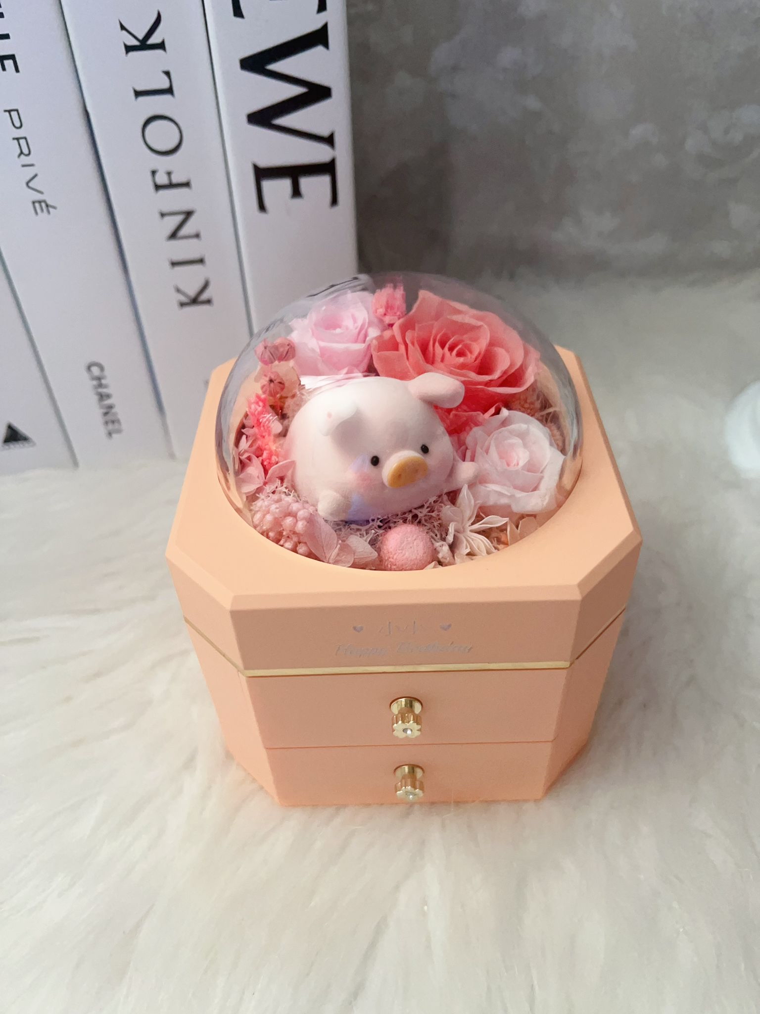 Lulu豬粉紅玫瑰永生花粉紅飾物盒