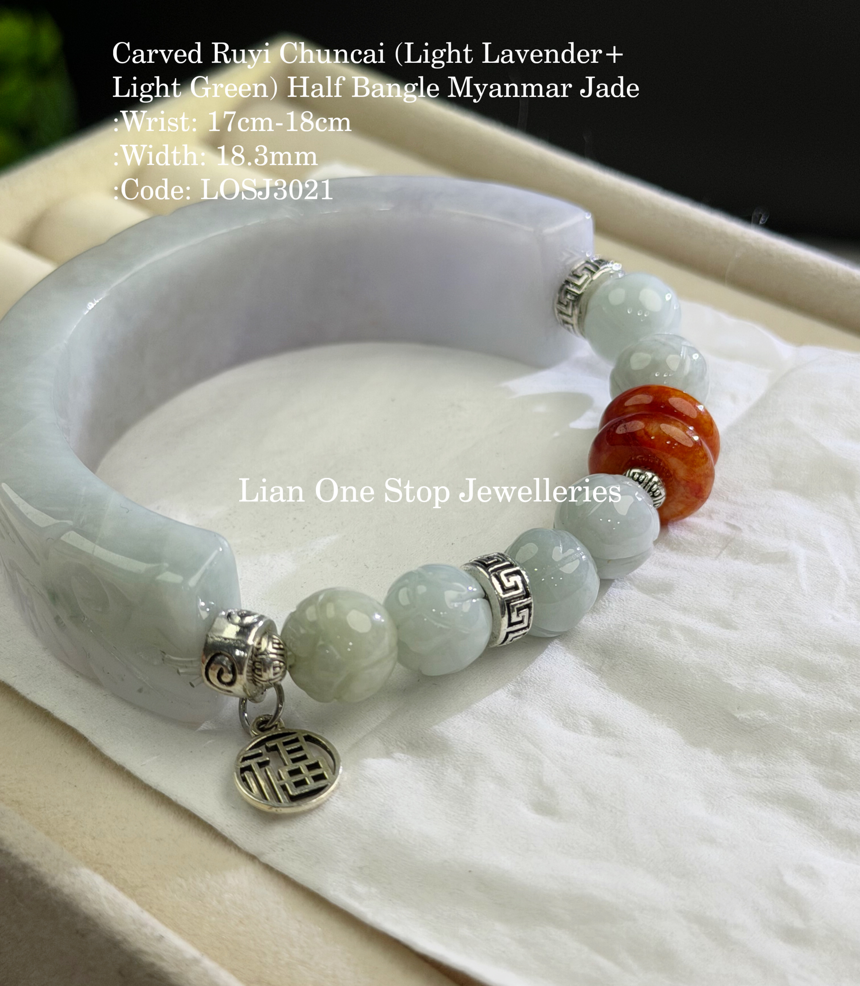 Code: LOSJ3021 Carved Ruyi Chuncai (Light Lavender+ Light Green) Half Bangle Myanmar Jade  