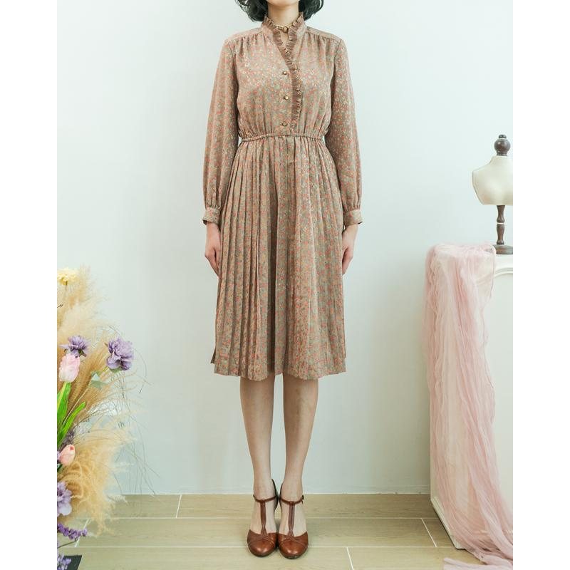 Vintage Japanese Sanyo Ruffle Trimmed Floral Beige Dress(MT1608-91)