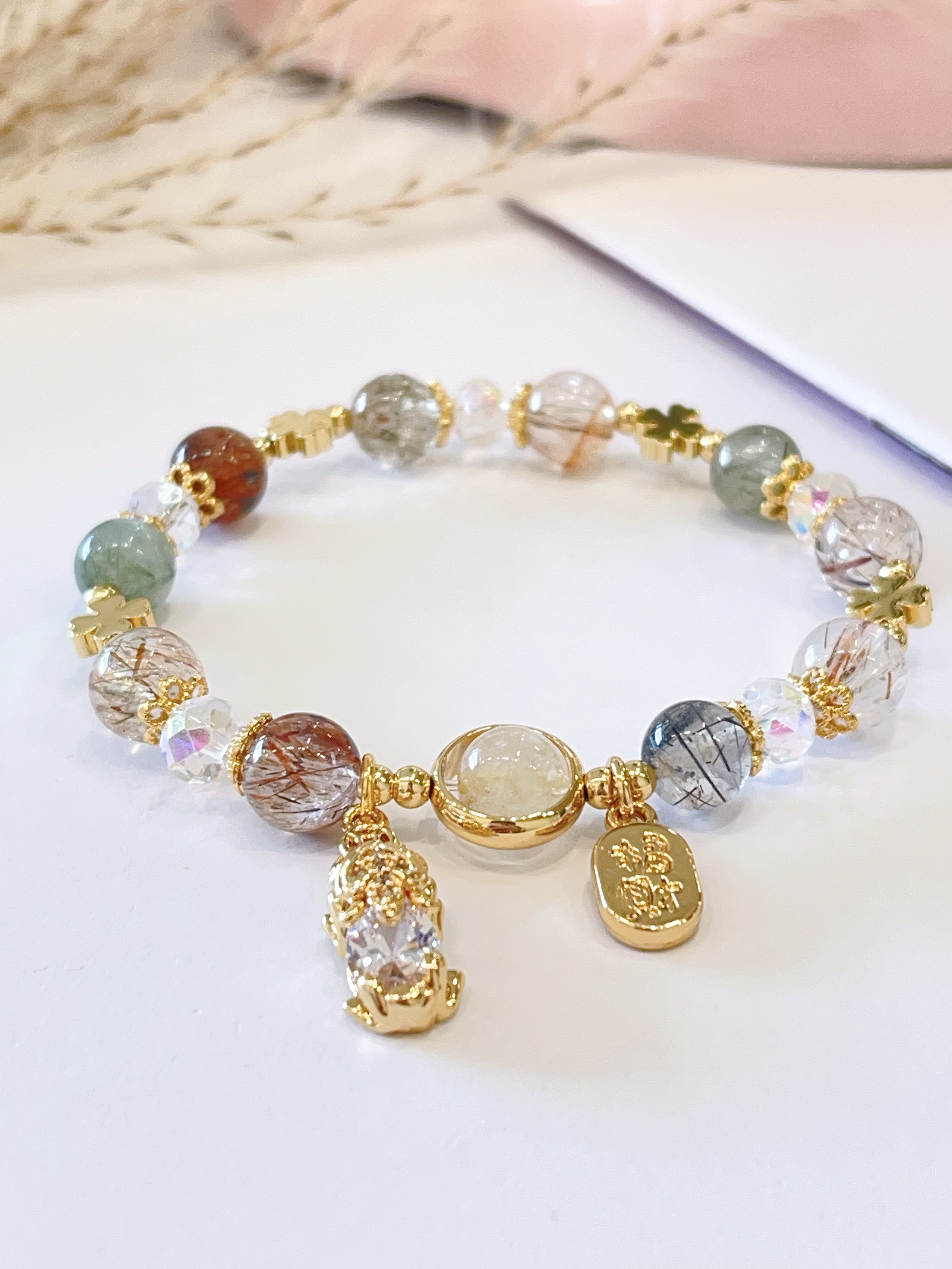 🌈 彩发晶多宝 × 貔貅手串 Multicolor Rutilated Quartz & Pixiu  | 8mm