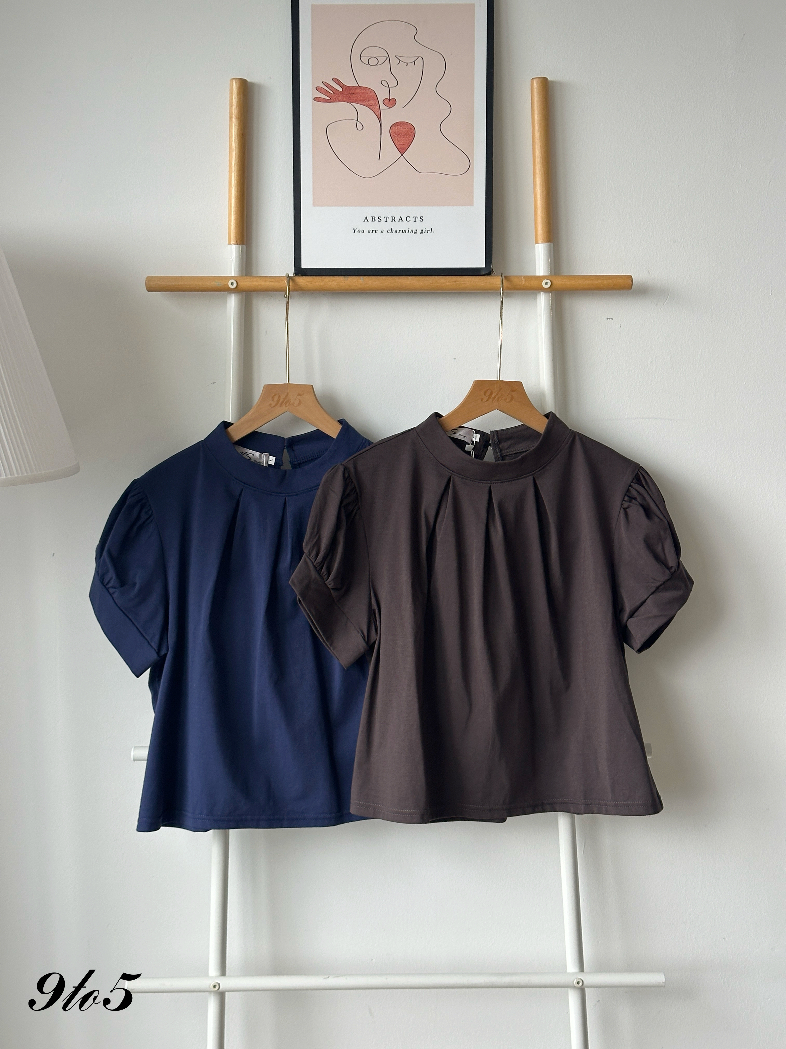T4242 Mock Neck Ruched Top - Blue & Grey