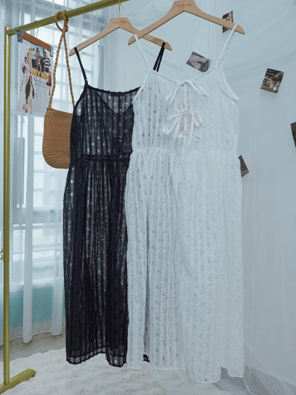 Spaghetti Strap Bow Tie Embroidered Sheer Mesh Long Top ‖ 吊带蝴蝶结绑带刺绣网纱长版上衣 KR01902203
