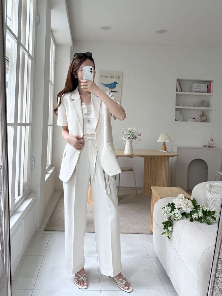 Aveline Belted Straight Slacks (Ivory)
