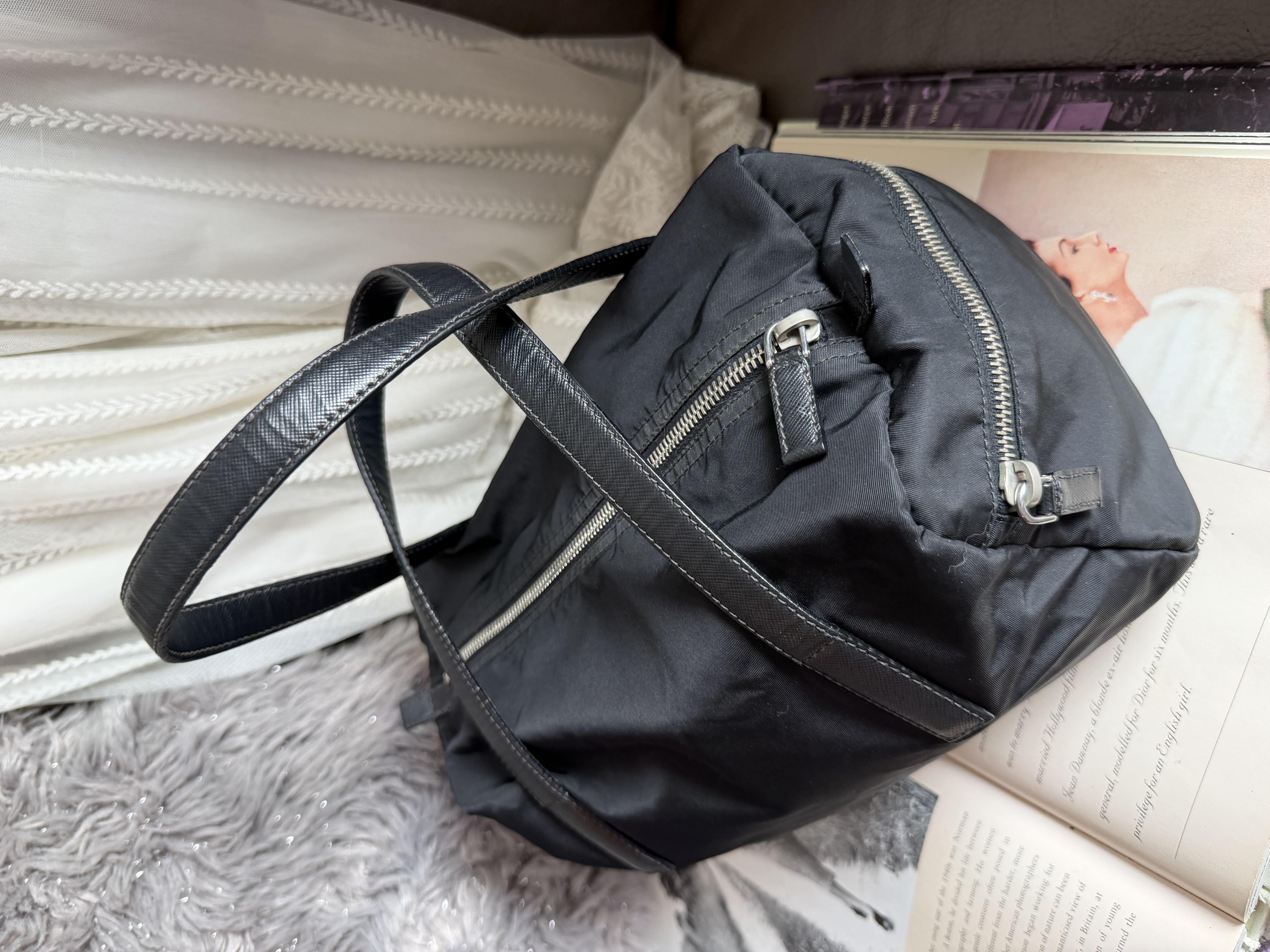 Prada black nylon / leather shoulder tote bag