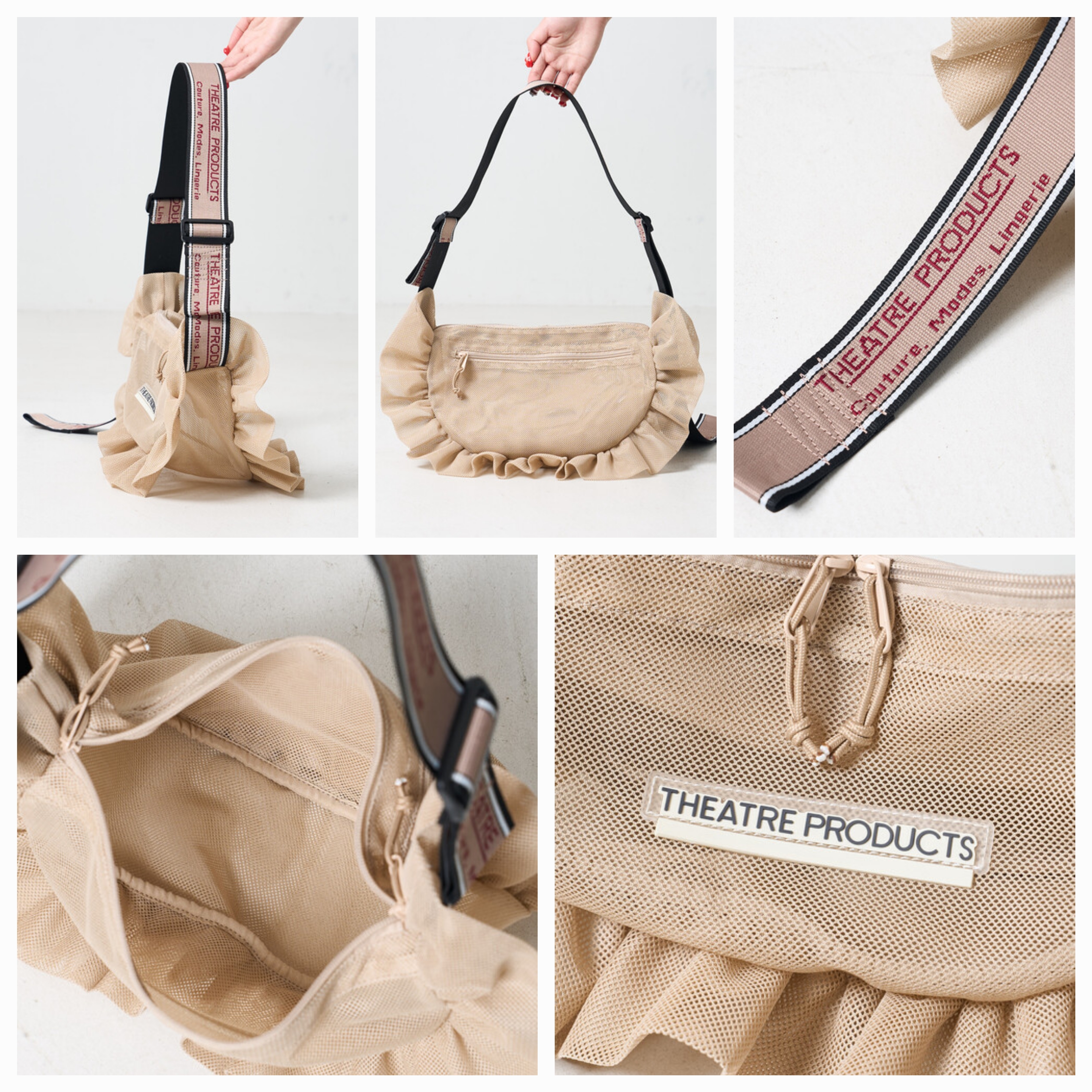 【✨️日本🇯🇵 pre-order THEATRE PRODUCTS 荷葉邊網格斜孭袋✨️】 【共6色 | 淺杏/黑色/淺灰/青綠/彩藍/紅色】