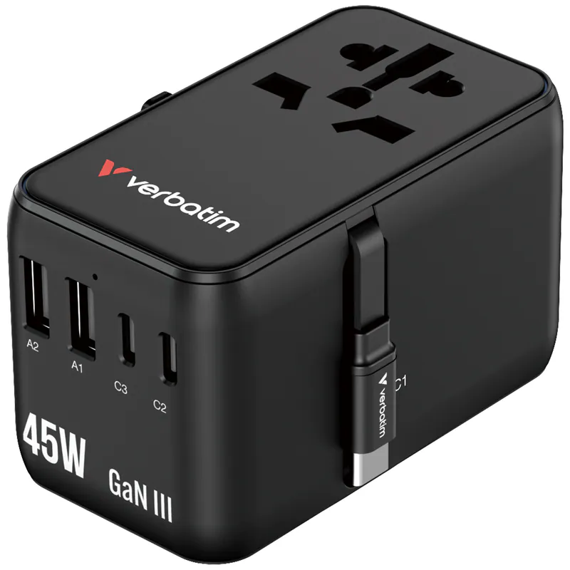 香港行貨 一年保養 Verbatim(威寶) Charge 'n' Travel 45W 通用旅行轉插 (附USB-C可伸縮充電線) 30182
