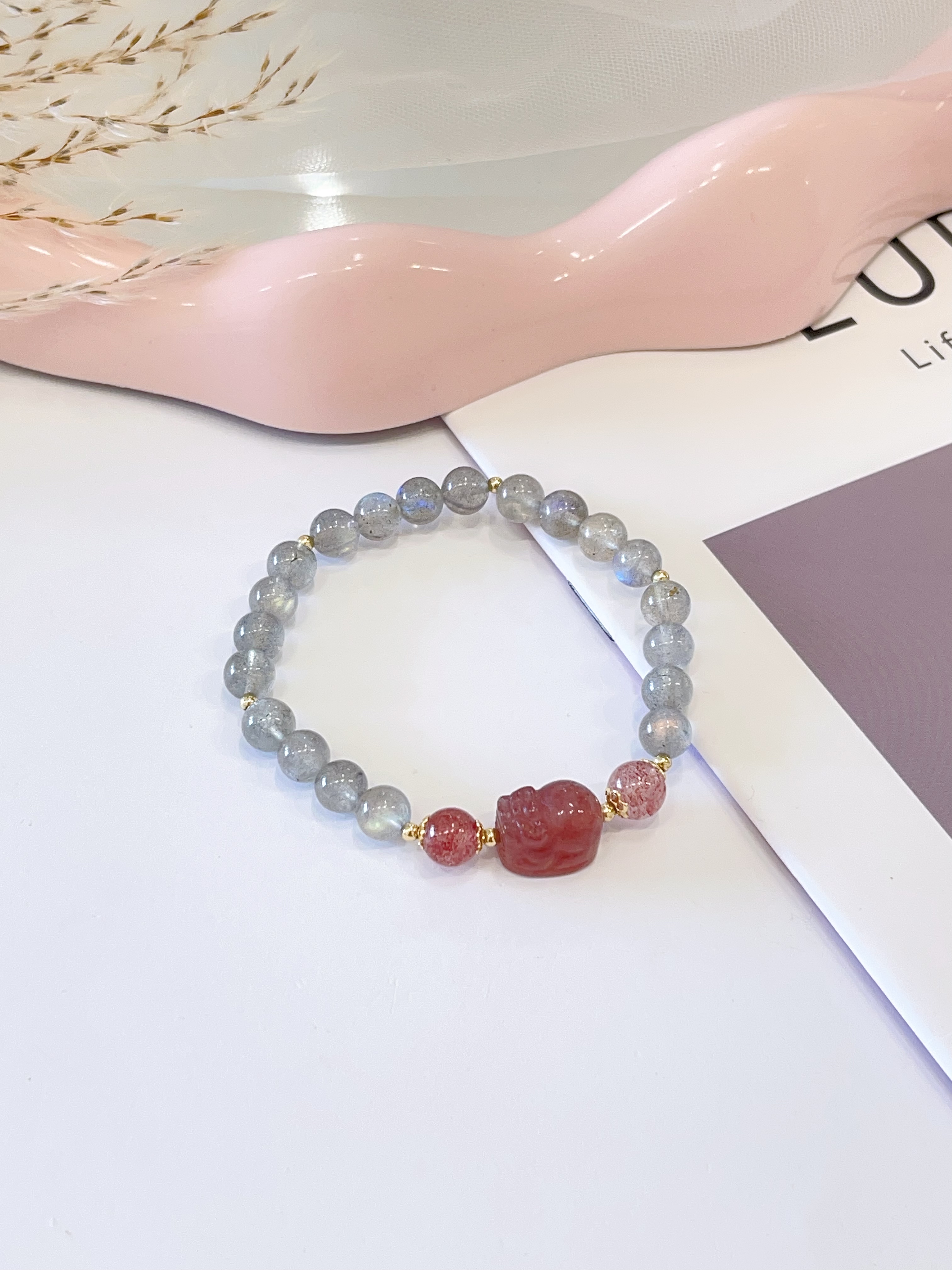 🌙🍓 月光石 × 草莓晶 × 草莓晶貔貅手串 Moonstone, Strawberry Quartz & Strawberry Quartz Pixiu  | 7mm