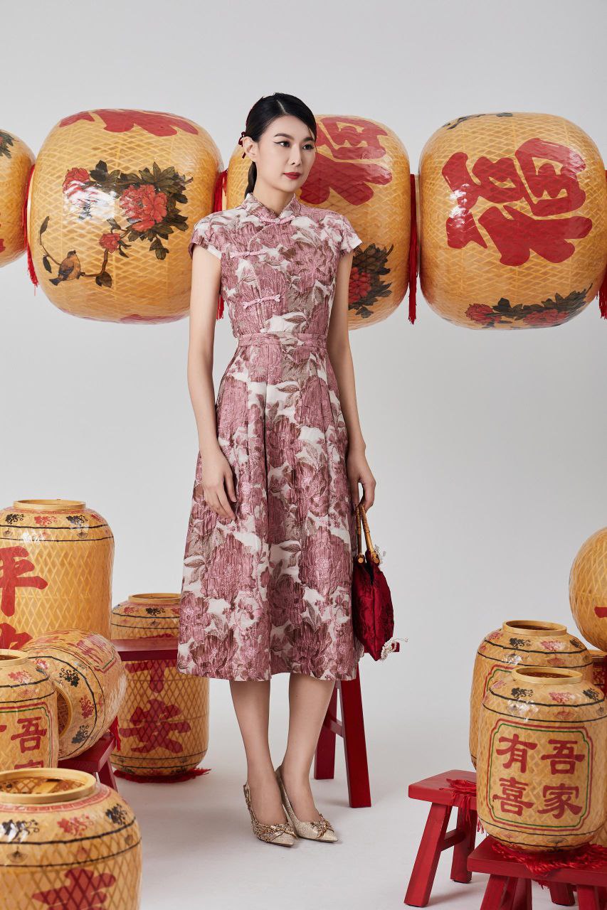 旗袍立领与斜襟盘扣连身裙 2118