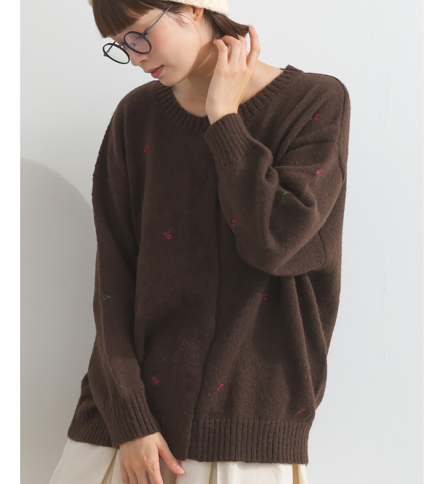 LP - 平針小花開襟毛衣 (咖啡色)