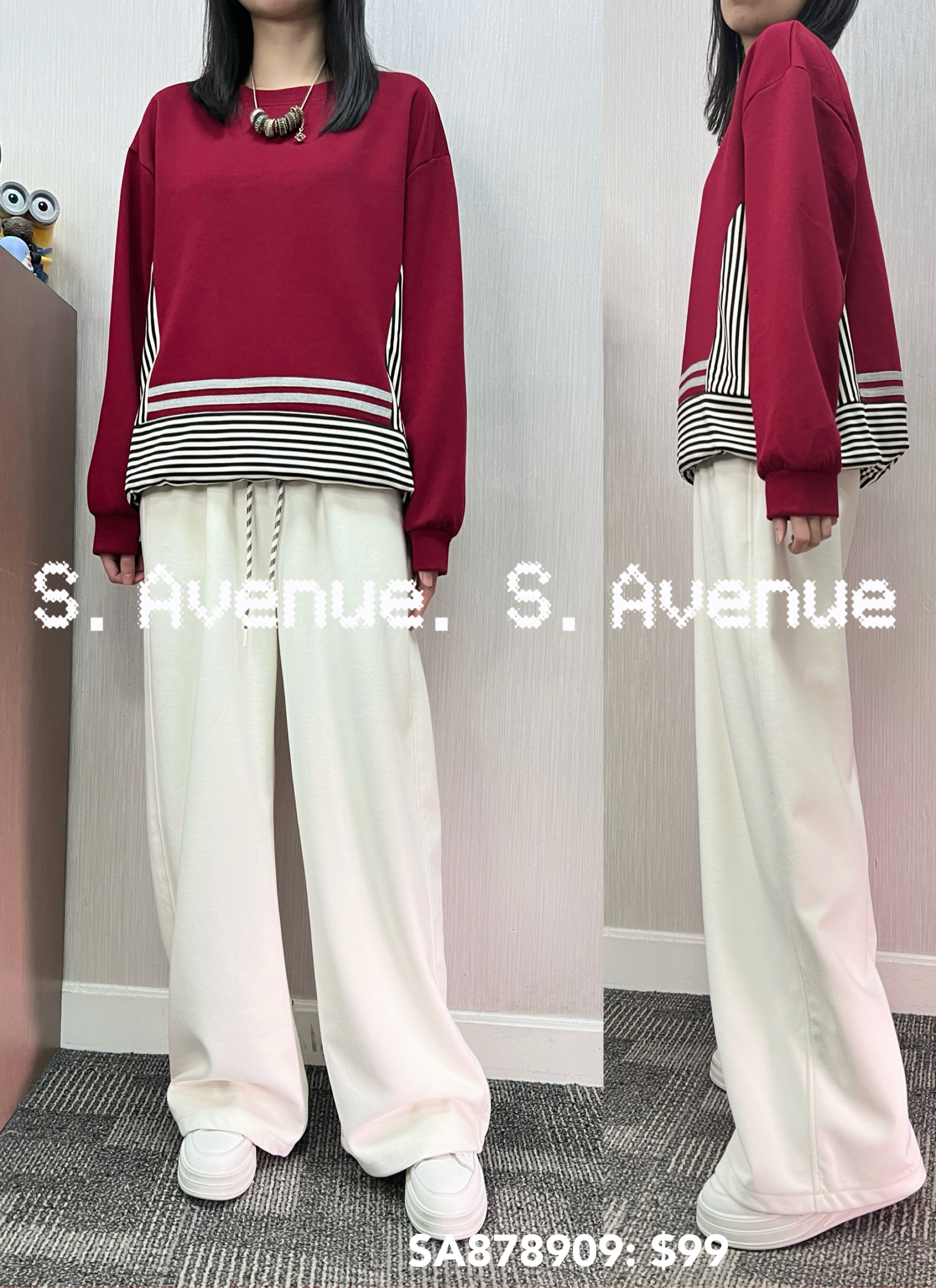 SA878909: 長袖鬆身下拼條子束腳tee