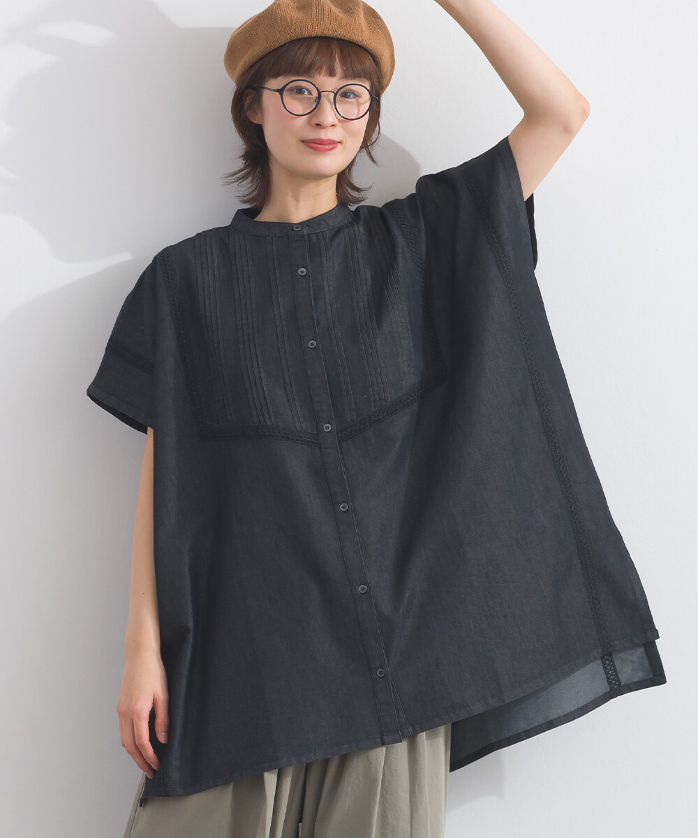 LP - 前片褶皺牛仔布襯衫 (黑色)