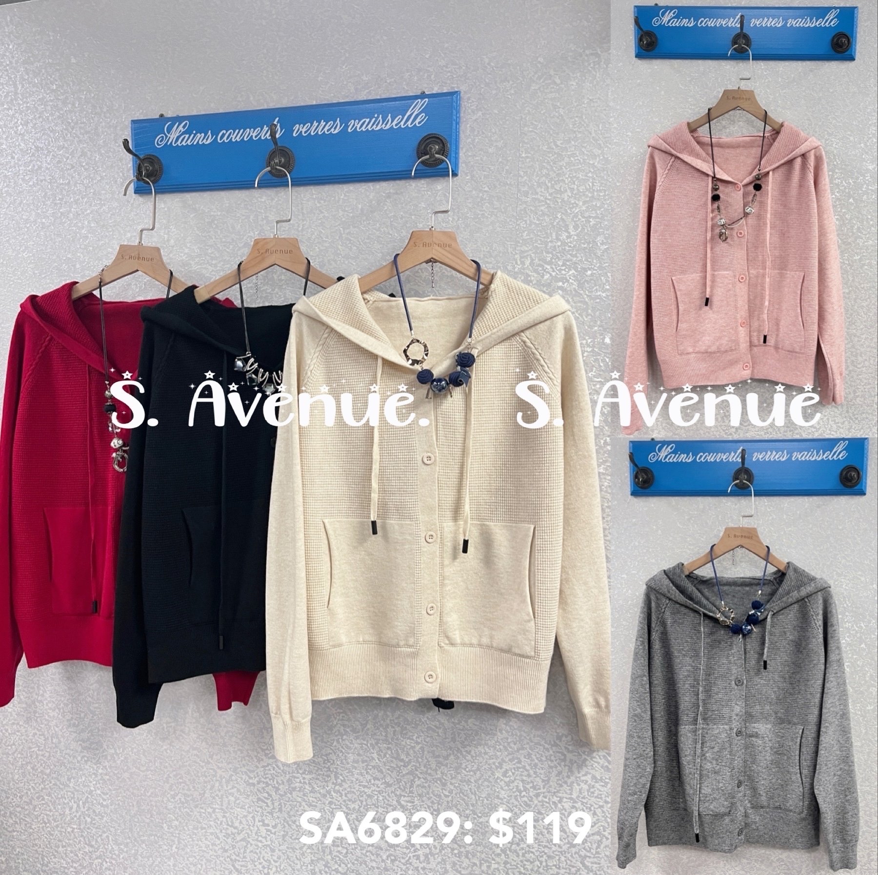 SA6829: 長袖有帽有鈕有袋針織外套