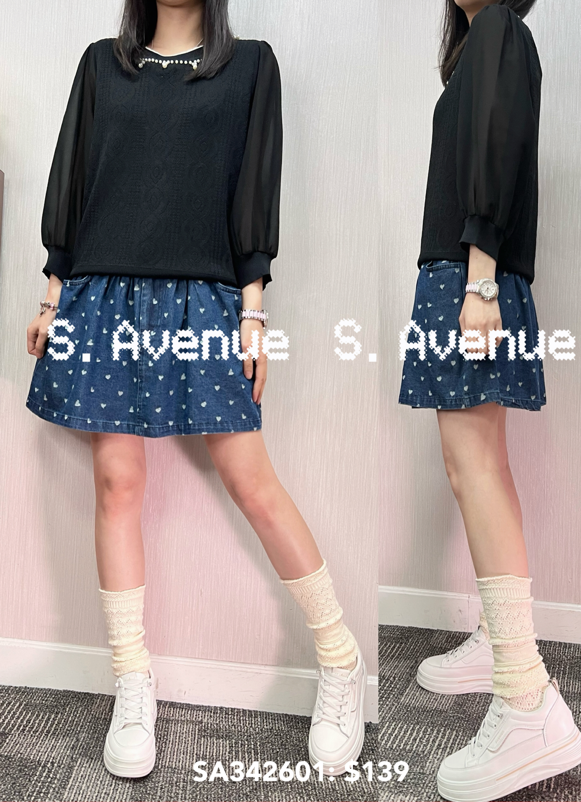 SA342601: 中袖領有珠袖雪紡線top