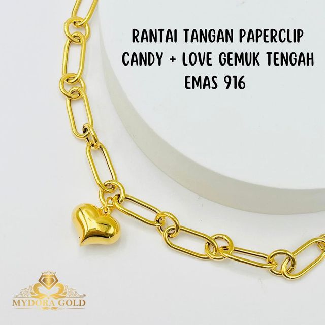 MYDORA Rantai Tangan Paperclip Candy + Love Gemuk Tengah EMAS 916/ 22k ...