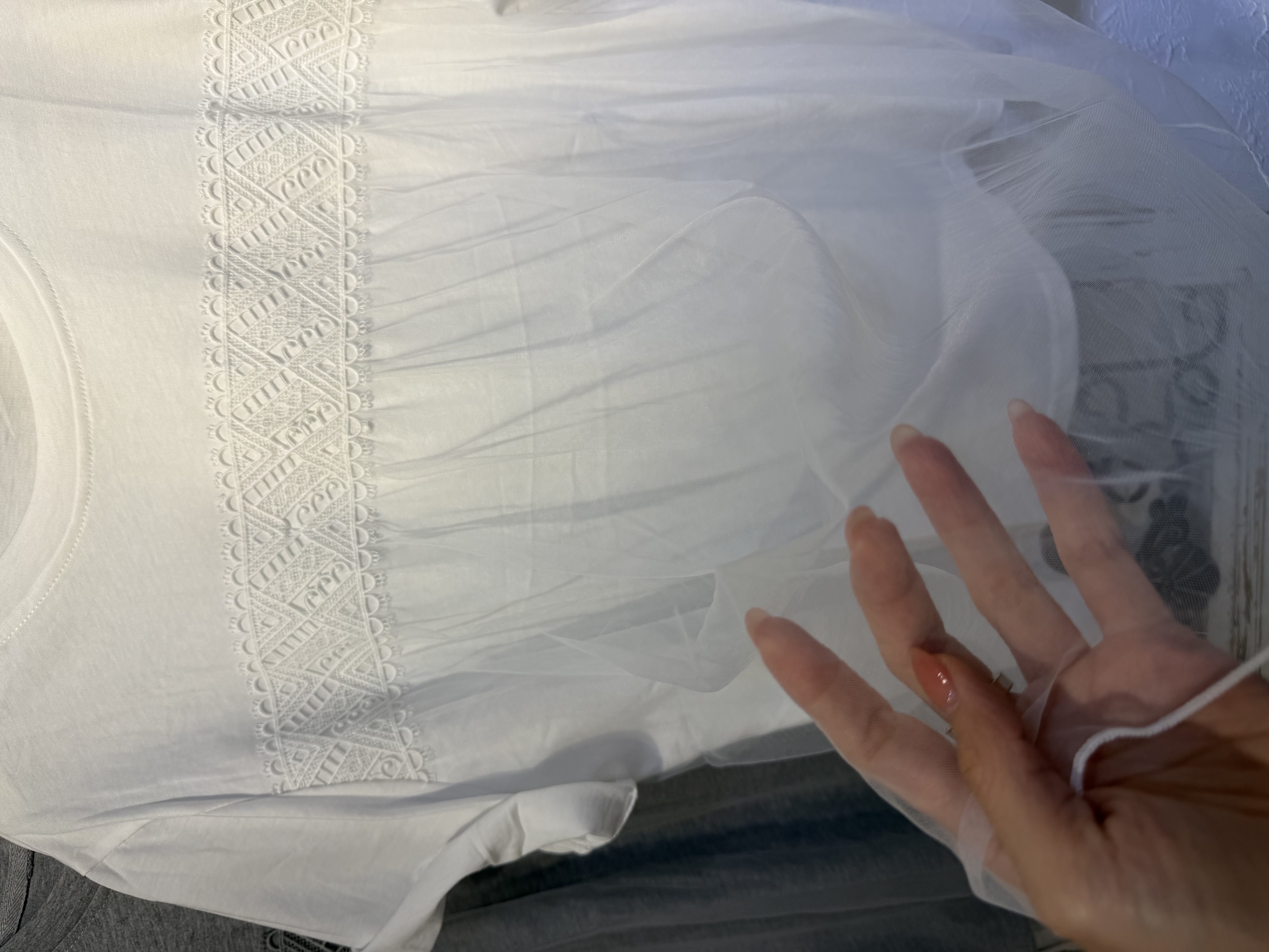 優雅刺繡網紗拼接白色短袖上衣