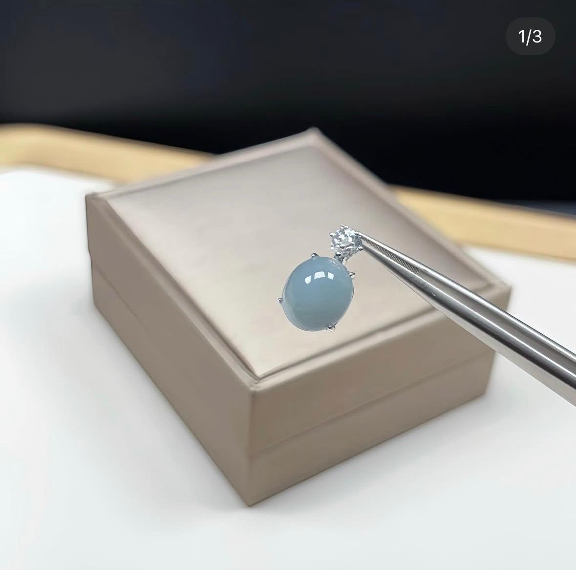 冰藍紫飄綠花翡翠蛋面銀鑲吊墜