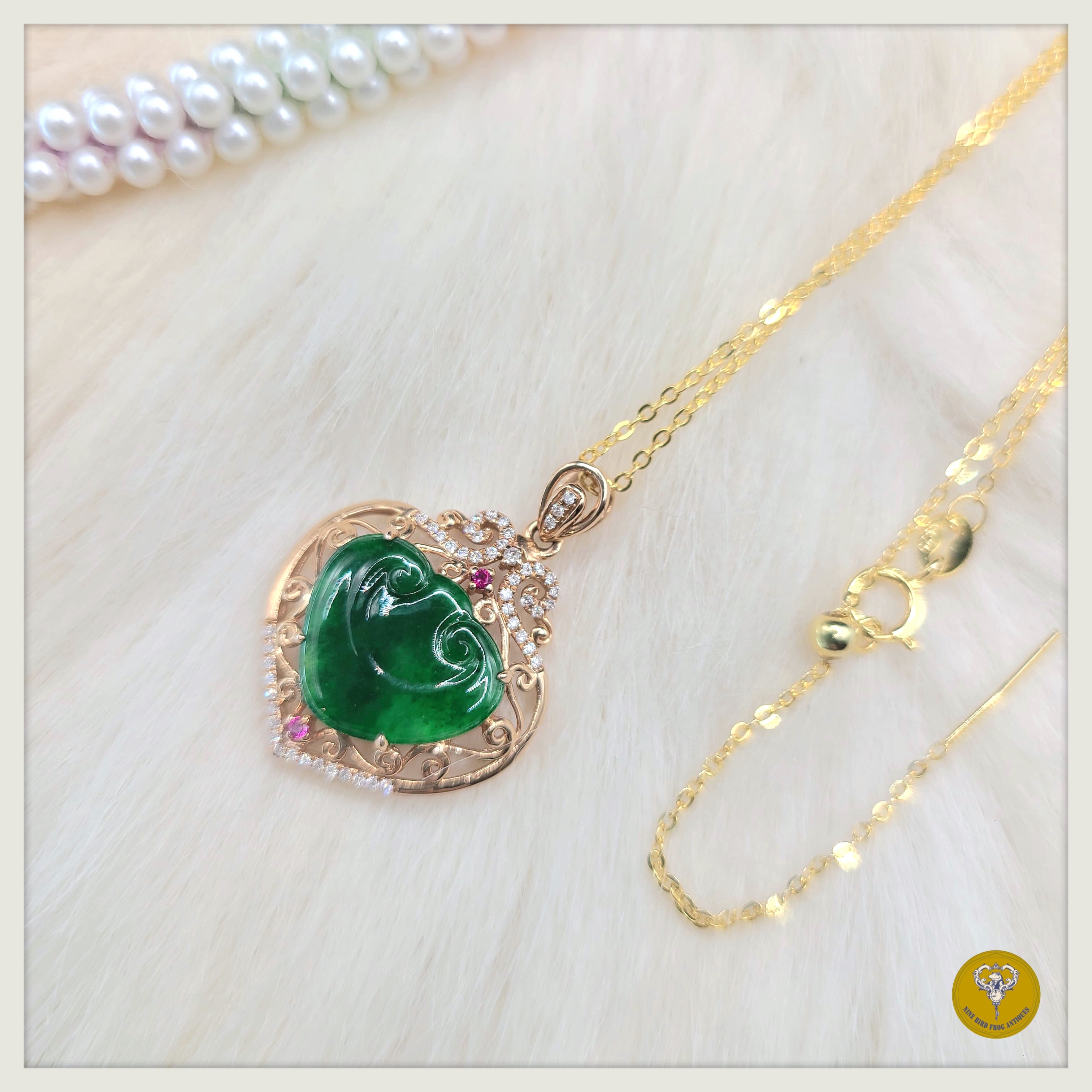 冰種帝王綠心型如意翡翠鑽石紅寶石18k金鑲配銀鍊