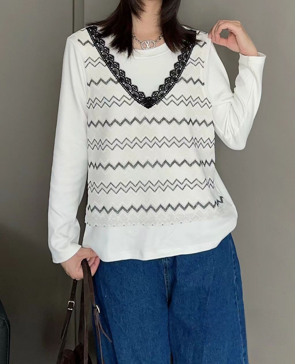 假二件工藝刺綉蕾絲棉料上衣(M38寸/L40寸/XL42寸胸)