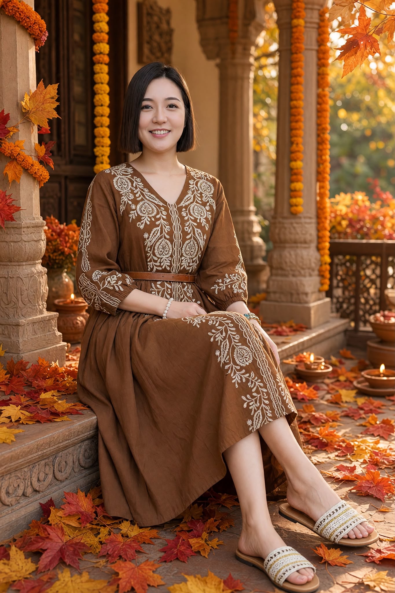 3524 Caramel Brown With Beige Emb Twisted Belt